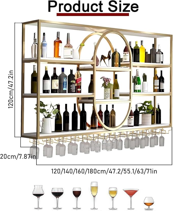 55.1IN Large Wall Mount Wine Rack, Metal 4 Tier Hanging Bottle Holder with Wine Glass Storage Racks, Modern Floating Wine Shelves for Home Bar Dining Room Decoration (Gold)