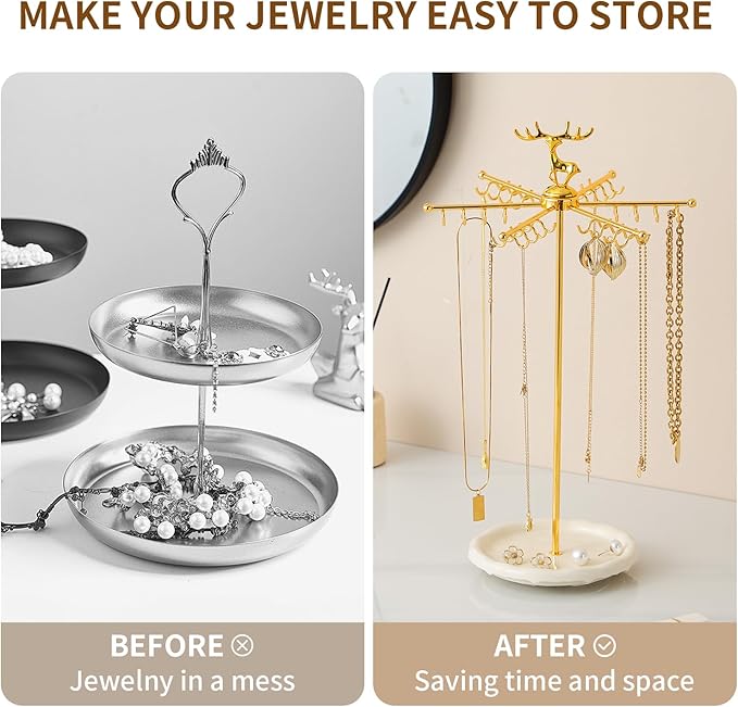 Necklace Holder Jewelry Stand, Rotating Necklace Holder Organizer with 48 Hooks for Necklace Earring Keychains Bracelet Display Stand, Metal Necklace Tree Stand -Women Gifts (Gold)