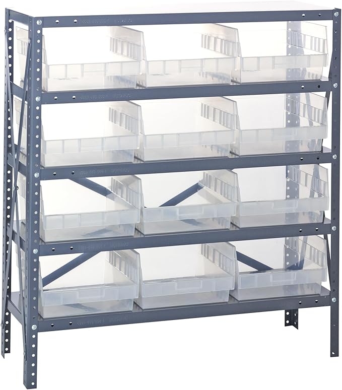 Quantum 1239-209CL Heavy Duty Shelving Unit with (5) Shelve and (12) QSB209 Clear Bins for Warehouse Storage Distribution | 400 lbs Capacity per Shelf | 12"D x 36"L x 39"H, Galvanized Steel Finish