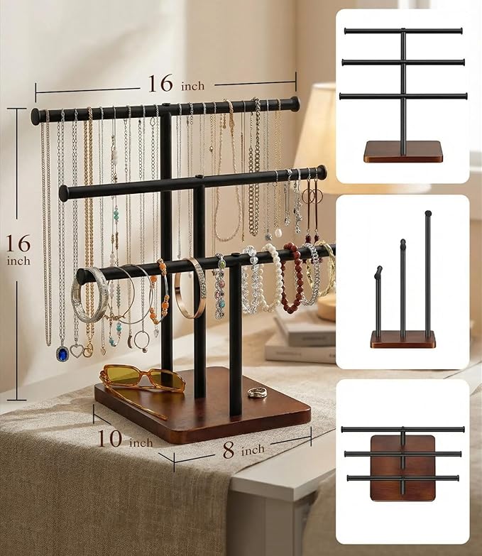 3 Tier Jewelry Holder Organizer, Bracelet Holder Display, Detachable T Bar Wood Jewelry Organizer, Jewelry Display Stand, Necklace Bracelet Holder for Earring, Watches, Rings, 2025 New - Brown