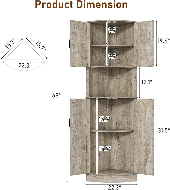 68" Tall Farmhouse Corner Cabinet, Dining Room Storage Cabinet with 4 Barn Doors and 5 Level Storage with Adjustable Shelves, for Kitchen, Living Room, Laundry Room, Light Rustic Oak