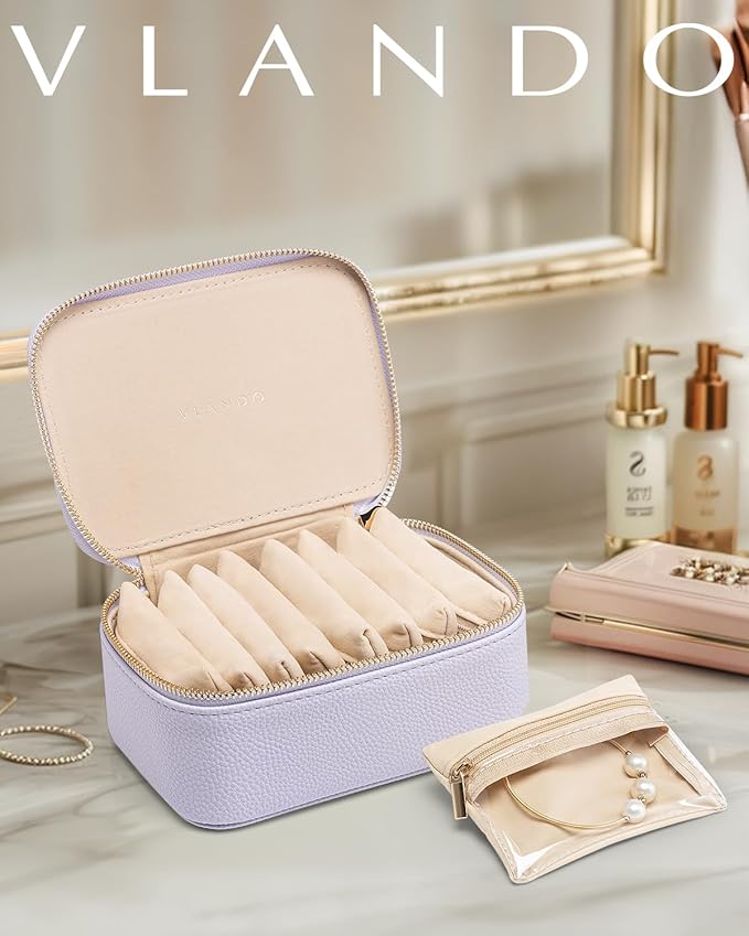 Vlando Travel Jewelry Case with 8 Velvet Jewelry Bags Travel Jewelry Storage Box Jewelry Organizer for Necklace Rings Earrings Teen Girls Gifts Trendy Stuff -Purple