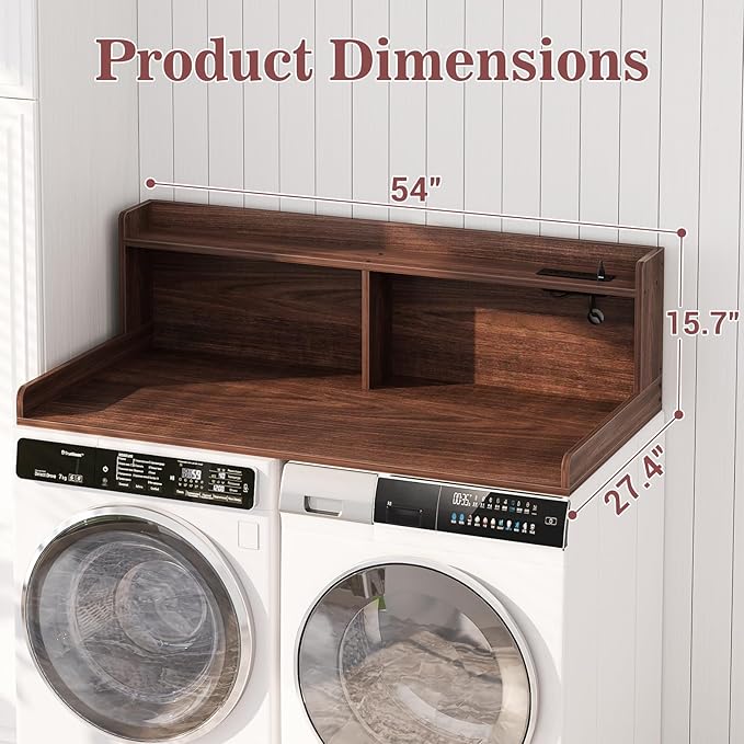 Aheaplus Washer and Dryer Countertop, 2-Tier Laundry Countertop Cover with LED Lights and Power Strip, Large Space Laundry Topper with Shelf for Laundry Room Organization, Brown