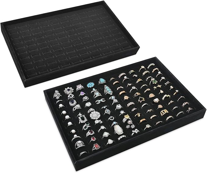 MOOCA 2 Pcs Set 100 Slots Ring Tray Display, Slotted Ring Showcase Display Jewelry Organizer Stand, Jewelry Holder for Showcase for Home Trade Show, Black Velvet