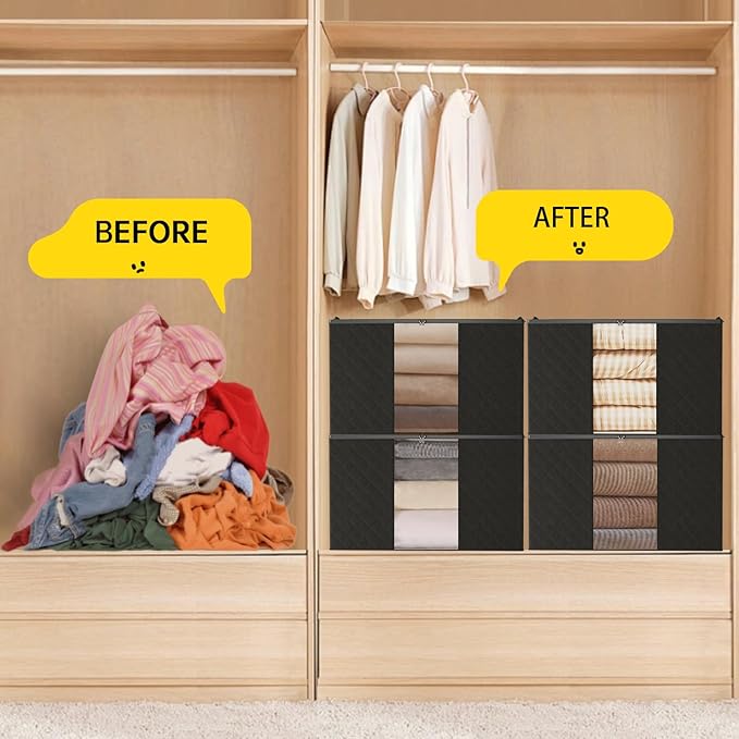 6 Pack Clothes Storage Bags - 90L Blanket Organizers and Storage for Closet Large Storage Bins with Lids and Zipper Storage Containers for King Comforter, Pillow and Sweater (Black, 6 Pack)