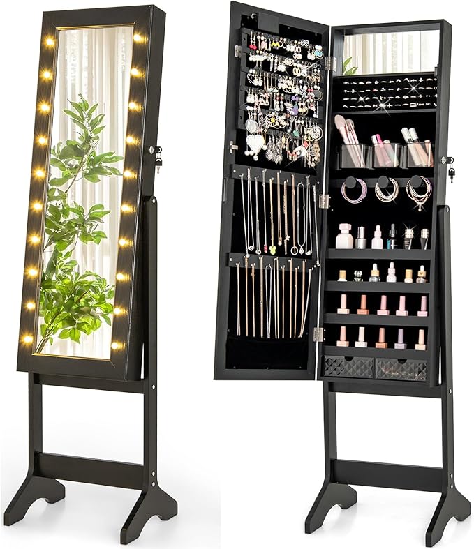 Giantex Standing Jewelry Armoire with Lighted Full Length Mirror, Lockable Jewelry Cabinet Organizer with 20 LED Lights, Adjustable Tilt, Large Storage for Earrings, Rings, Necklaces, Black