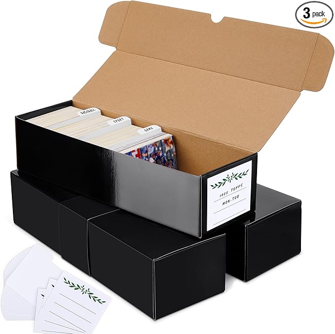 Trading Card Storage Box with Dividers, Cardboard Card Organizer Box for Baseball, Sports, Game, Playing Card Collection, pack of 3, Black