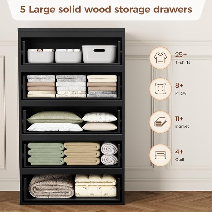 Tall Dresser for Bedroom, 5 Chest of Wooden Drawers, Vintage Dresser, Closet Storage Dressers Organizer for Bedroom, Living Room, Hallway (Black+Brown)