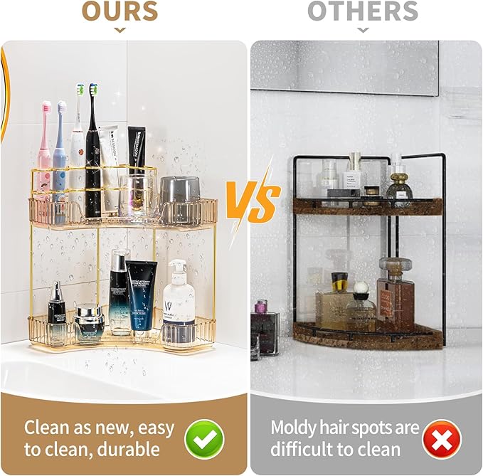 Upgraded 2-Tier Corner Bathroom Countertop Organizer – Spacious Storage for Makeup, Skincare & Perfumes, Built-in Brush Holder Fits Vanity/Dresser/Bsthtub (Vintage Gold)