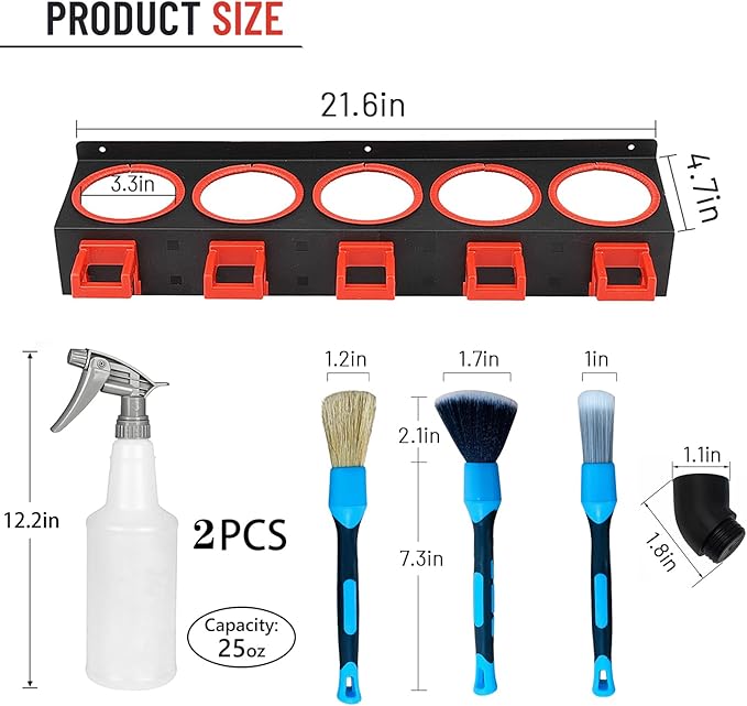 Spray Bottle Rack (2 PCS), Storage Organizer for Car Detailing Tools, Wall Mount, 5 Compartments + 5 Hooks, 21.7 x 4.7 x 3.3 inch, Black, Red