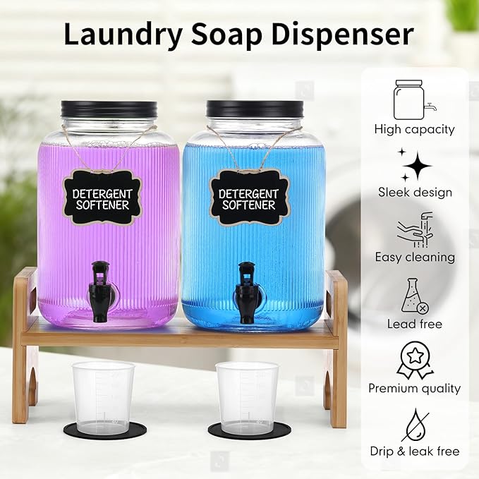 2-Pack Laundry Detergent Dispenser with Bamboo Stand，1 Gallon Laundry Soap Dispenser with Measuring Cup，Glass Laundry Detergent Containr for Laundry Room Organization and Storage