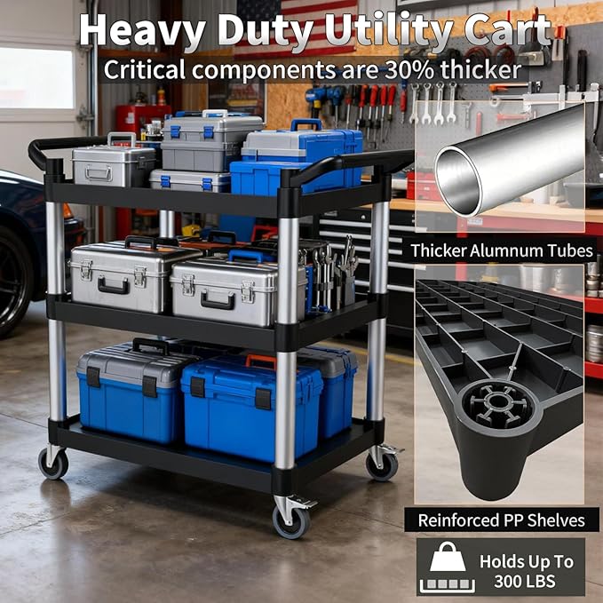 Plastic Utility Carts with Wheels, 3-Tier Rolling Service Cart, 300 lbs Heavy Duty Capacity with 4 inch Silent Casters(2 Lockable), for Home, Office, Restaurant, Warehouse.31.5"× 16" × 38"