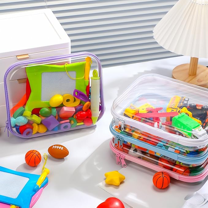 Hoolerry 4 Pcs Hard Clear Zipper Case Makeup Bags Plastic Pencil Pouch Transparent Storage Box Containers for Cosmetics, Snacks, Building Blocks, Puzzles(Multicolor,9.8 x 7.9 x 2 in)