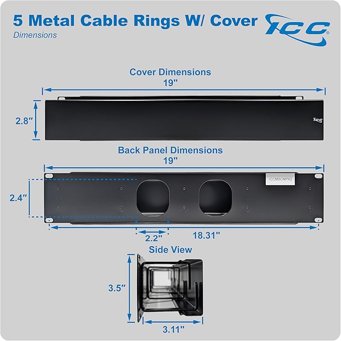 ICC 2U Ring Cable Manager Panel with Cover, Metal, 3" D-Rings, Horizontal Cable Management, Rackmount for 19” Network Racks, Black, 6-Pack