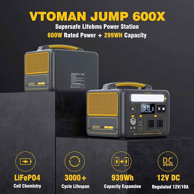 VTOMAN Jump600X 600W Portable Power Station with 640Wh Extra Battery, 939Wh Solar Generator LiFePO4 Battery, Peak 1200W AC Outlet, PD 60W USB-C, 3x12V/10A DC for Outdoor Camping, Off-grid, Home Backup