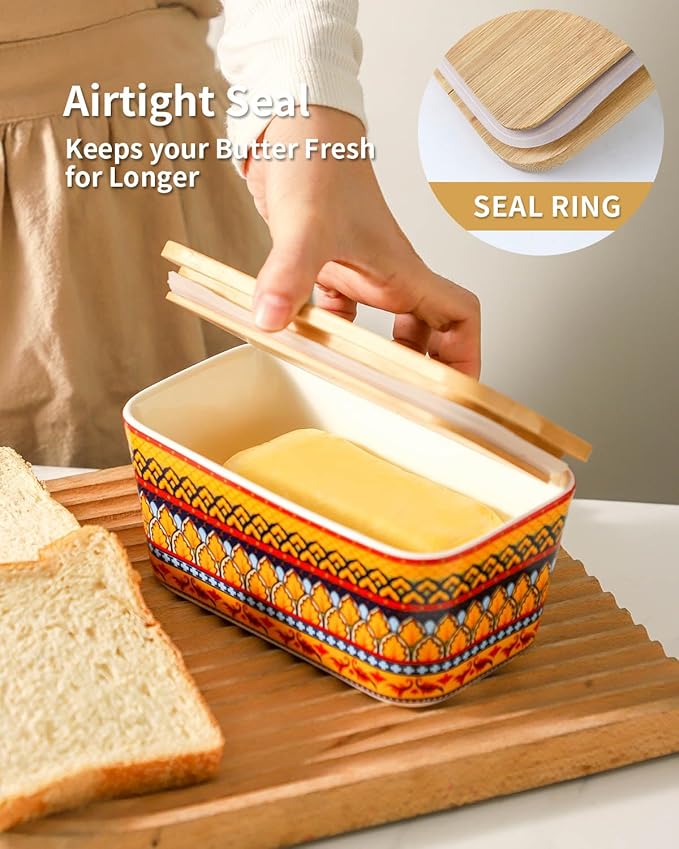 Hasense Bohemian Butter Dish, Farmhouse Ceramic Butter Dish with Lid for Fridge, Butter Container Holder with Cover or Fridge,Silicone Sealing, Holds Two Sticks of Butter, Yellow