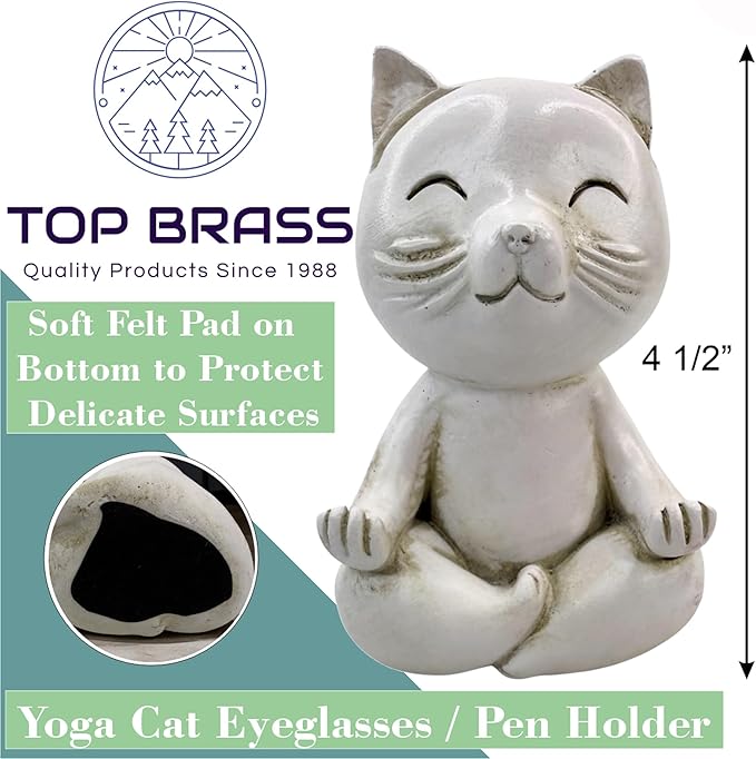 Top Brass Yoga Cat Eyeglasses & Pen Holder – Whimsical Reading Glasses Sunglasses Stand – Funny Desk Nightstand Glasses Keeper Rack Display – Meditating Zen Lotus Pose Figurine
