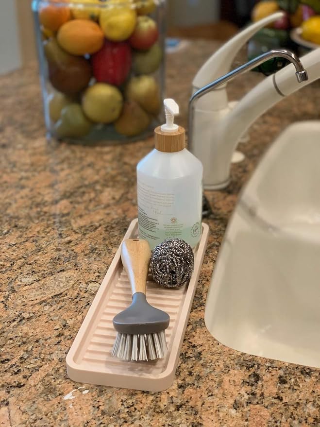 Happitasa Silicone Kitchen Sink Organizer Tray, Sponge Holder and Countertop Protector | Bathroom and Kitchen Soap Dish and Dispenser Tray (Sand Dollar, 12" x 4", 9.2 Ounces, Zigzag)