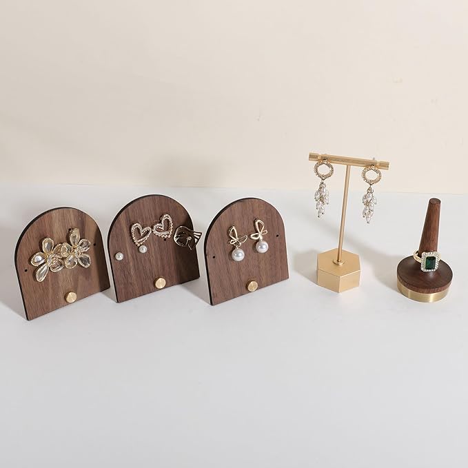 GemeShou 3pcs wooden jewelry earring organizer holder, walnut earring studs stand for boutique store, cute earring display for selling with 6 holes on each【Earring stand-Arch-3pcs】