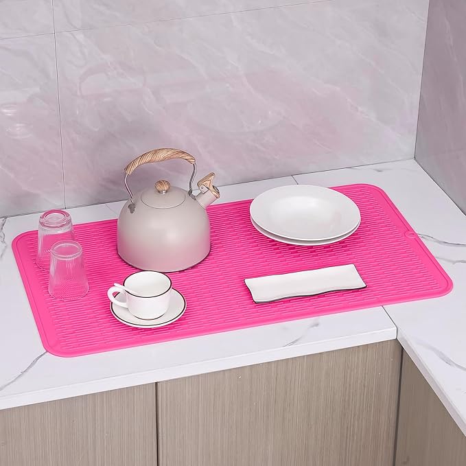 Silicone Dish Drying Mat for Multiple Usage,Easy clean,Eco-friendly,Heat-resistant Silicone Mat for Kitchen Counter or Sink,Refrigerator or Drawer Liner Rose 4XL 32 inches x 18 inches
