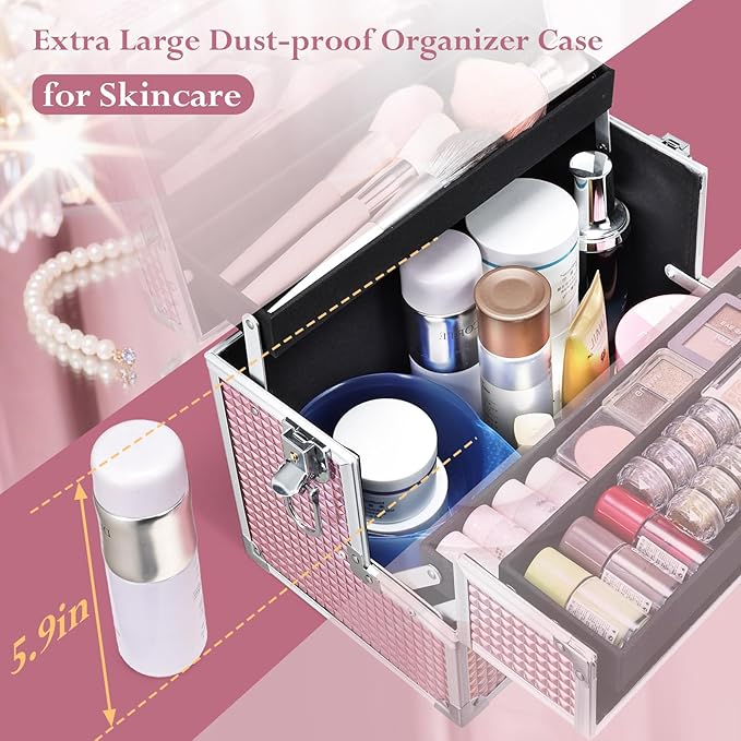 Joligrace Large Makeup Box Organizer, 12 Inch Makeup Train Case with Mirror, Cosmetic Travel Case with 3 Trays, Lockable Train Case for Makeup Artists & Nail Tech Supplies Pink