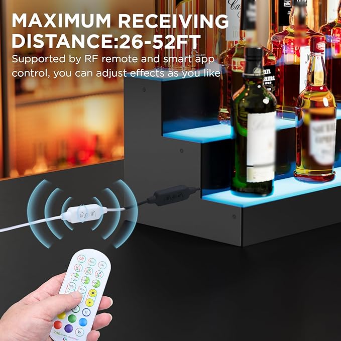 Dethan 1 Tier 24 Inch LED Lighted Liquor Bottle Display Shelf - Wine Racks with Multi-Color App & Wireless Remote Control, Adjustable Brightness & Sound Modes, Acrylic Bar Shelves for Home Bar Display