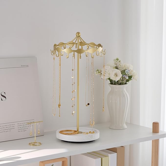 Lolalet Rotating Necklace Holder Stand with Metal Hooks, Spinning Display Carousels, Freestanding Organizer Hanger, for Long Necklaces Chains -Gold