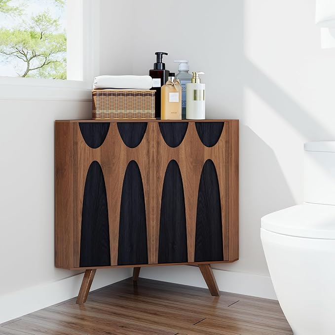 Small Corner Cabinet,Corner Floor Cabinet with Adjustable Doors and Shelve, Freestanding Narrow Storage Organizer for Kitchen Living Room Bathroom (Walnut and Black)