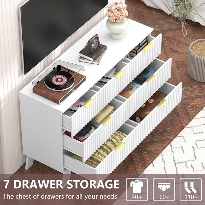 Fluted Dresser for Bedroom,7 Drawer Dresser for Closet,Storage Cabinet and Chest of Drawers with Gold Handle,TV Stand,Storage Organizer for Living Room,Hallway,Entryway,White