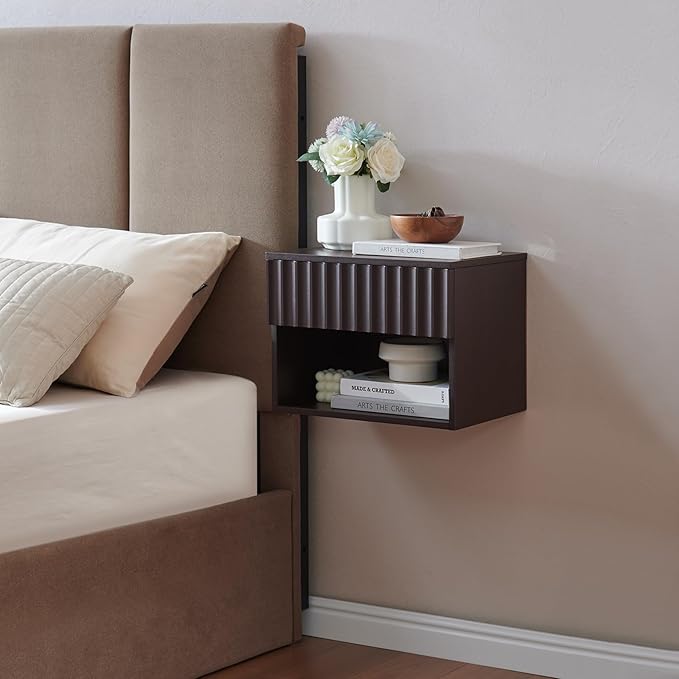 Floating Nightstand with Fluted Drawer - Modern Wall Mounted Bedside Table with Open Storage Shelf, Small Night Stand TV Stand for Bedroom(Espresso)