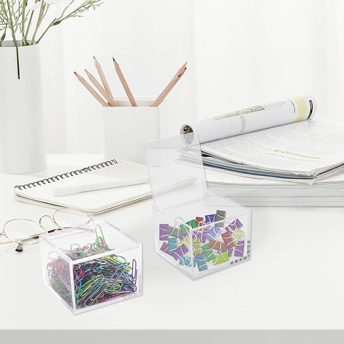 2 Pack Small Clear Acrylic Organizer with Lid for Paper Clips,Sticky Note,Qtip,Cotton Balls,Hair Ties Holder Acrylic Box for Home office Bathroom Desk Organizer