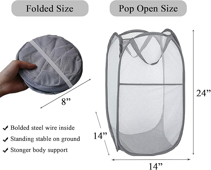 Larpur Pack of 3 Pop up Laundry Hampers, Collapsible Laundry Baskets, Portable Mesh Clothes Hampers for Kids Room, College Dorm, Bathroom, Foldable Hamper with Carry Handles, Gray