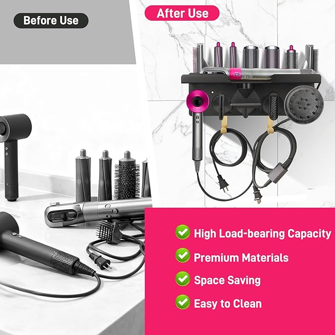 Wall Mount Hair Holder Compatible With Dyson Airwrap and Hair Dryer, Upgraded 2-in-1 Magnetic Dryer Holder Fit for Accessories Nozzles Barrels Brushes