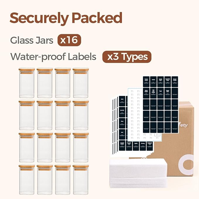 ComSaf Spice Jars with Labels 8 oz 16Pack, Small Spice Containers Starter Set, Glass Seasoning Jars with Lids, Square Seasoning Containers for Salt, Pepper, Chili Powder, Sugar, Loose Tea Storage