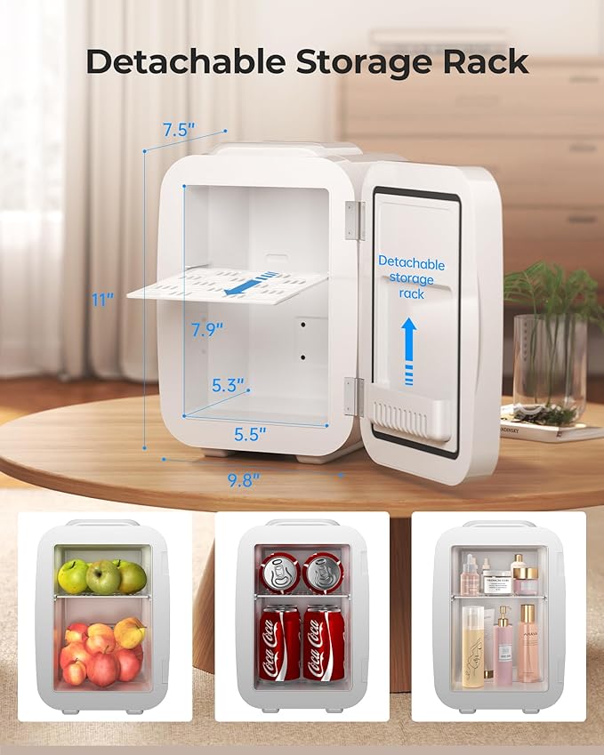 Mini Fridge, 4 Liter/6 Can Portable Refrigerator for Bedroom Office Dorm Car– Fast Cooling, Low Noise, 100-125V AC/5-12V USB Small Compact Refrigerator for Skincare, Food, Drinks(White)