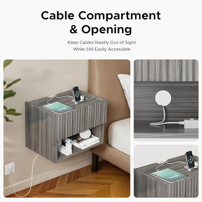 Floating Nightstand Bedroom Bedside Table - Floating Night Stand Set of 2 with Storage Drawer, Wood Morden Wall Mounted Bedside Tables for Dorm Hallway Entryway