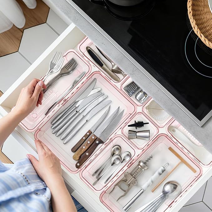 14 Pcs Adjustable Clear Drawer Organizer, Extendable Vanity Storage Bins, Desk Drawer Organizer Set for Makeup, Cosmetics, Bedroom, and Gadgets, Pink