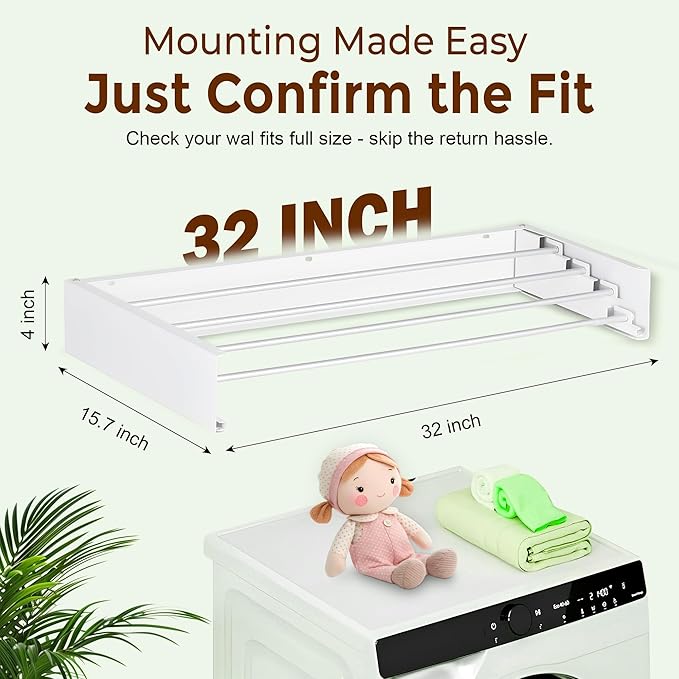 32” Foldable Clothes Drying Rack Wall Mounted - Laundry Drying Rack Collapsible with 4 Steel Poles - Wall Mounted Laundry Room Organization and Storage for Kitchen, Bathroom, Indoor-Outdoor Use