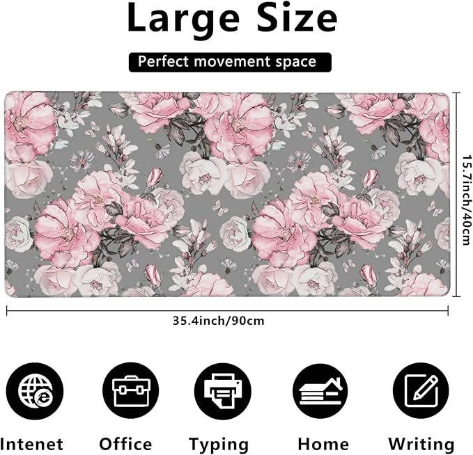 Desk Mat,Flower Rose Gaming Mouse Pad,XXL Extended Mouse Pad Mat for Office,Computer,Keyboard with Non-Slip Base Stitched Eges Mousepad 35.4x15.75 inch