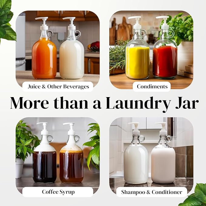 Glass Laundry Detergent Dispenser - 2 Pack, 64oz, Glass Jar with Pump and Lid for Fabric Softener, Liquid Soap, Shampoo & Syrup, Leakproof Half Gallon Jug for Laundry Room Organization