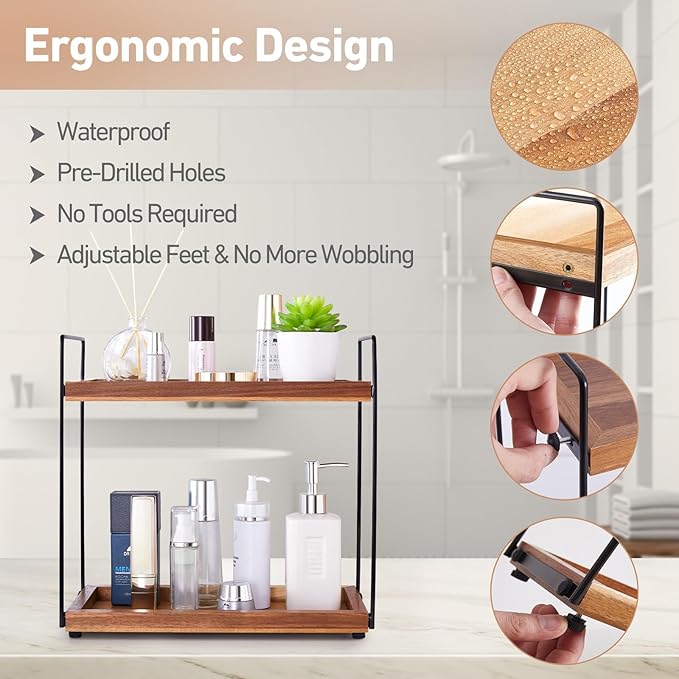 Bathroom Counter Organizer Countertop Storage - 2 Tier Bathroom Countertop Organizers Coffee Bar Organization Acacia Wood Counter Top Organizer Kitchen Spice Rack Vanity Shelf Toilet Vanity Organizers