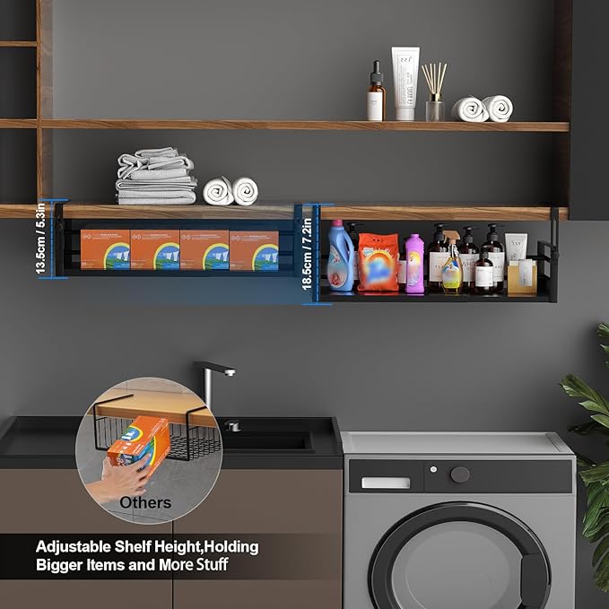 2Pack Under Shelf Basket Organizer, Adjustable Under Cabinet Shelf Storage, Hanging Holder Length Stretchable 13-21Inch for Kitchen Pantry Desk Counter Bookshelf Cupboard (Black)
