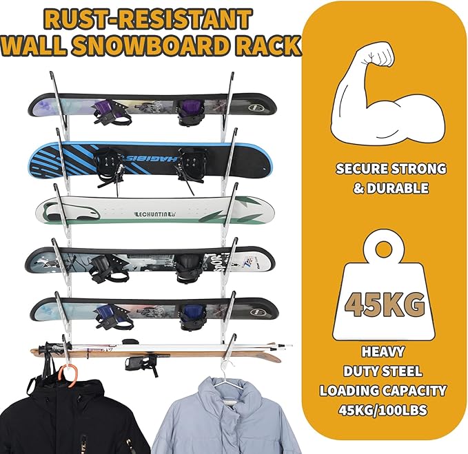 Snowboard Wall Racks, Adjustable Storage Rack for Ski, Surfboard, Wakeboard, Snowboard Wall Mount Display, White/Black