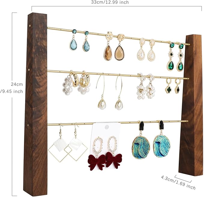 GemeShou 3 Tiers Walnut Earring display stands for selling, Wooden Jewelry Shelf, Earring Storage Organizer, Brass earring holders with 42 holes for stud Dangle Hoop【Walnut 3-Tier Height 9.45"】