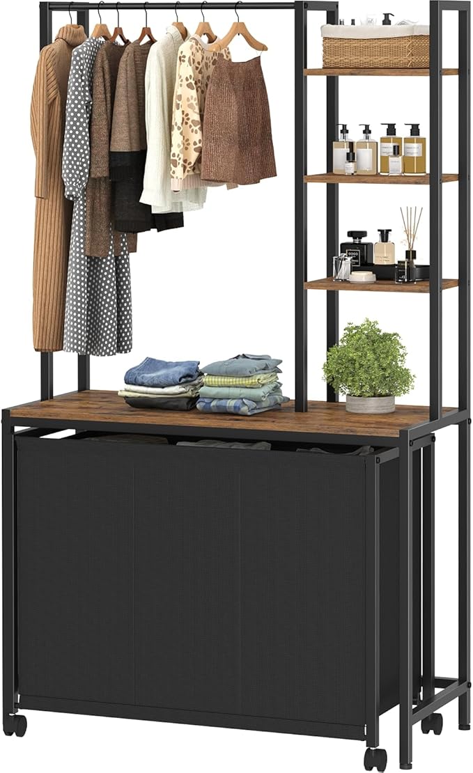 Laundry Hamper with 3 Section Rolling Bags and Shelf, 4 Tiers Tall Laundry Basket Sorter for Organization and Storage, Clothes Rack with Laundry Sorter for Laundry Room Bathroom Bedroom, Rustic Brown