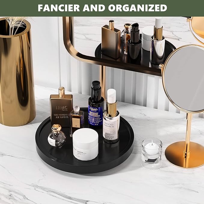 Turntable Vanity Tray 9 Inch for Perfume Candle, Bamboo Kitchen Sink Countertop Organizer for Keep Glass, Sponge and Soap Bathroom Countertop Organizer Black