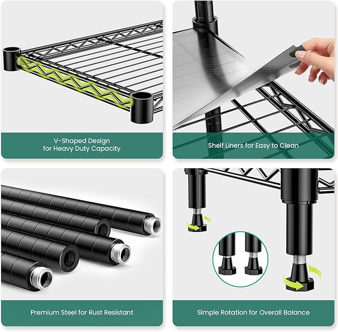 5-Tier Storage Shelves 72" H Wire Shelving with 5 Shelf Liners, 1325LBS Adjustable Metal Shelving, Heavy Duty Steel Wire Rack for Garage Commercial Pantry Kitchen, 36" W x 14" D x 72" H, Black