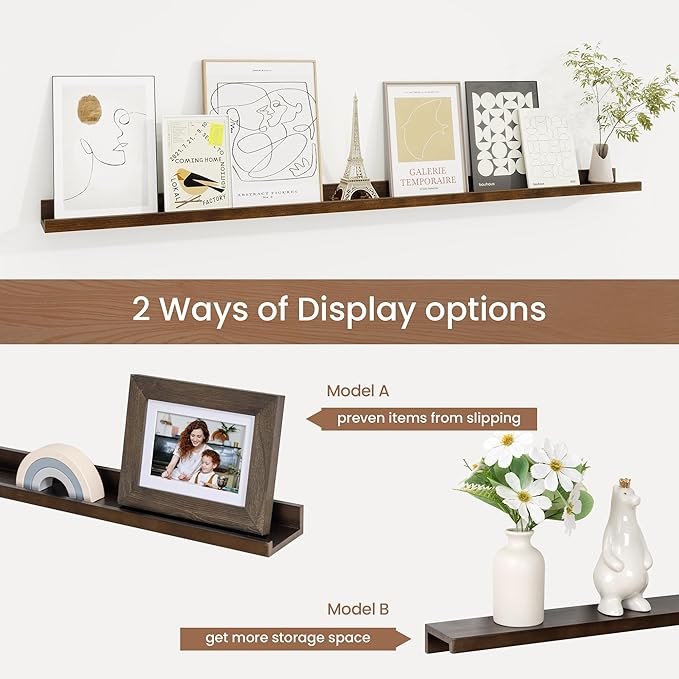 Picture Ledge Shelf, Floating Shelves Set of 2, 48 Inches Solid Wood Nursery Book Shelves for Toys Storage, Kids Bookshelf Wall Mounted for Living Room Bedroom Decor Books Photo Frames, Walnut