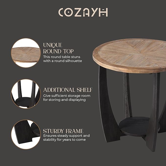 Rustic Farmhouse End Table with Storage Shelf, French Country Accent Side Table for Family, Dinning or Living Room, Small Spaces, Modern, Round