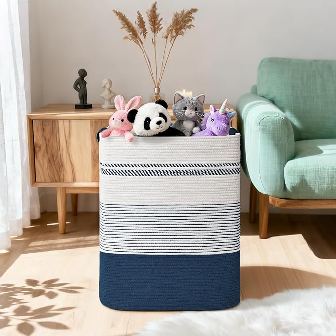 Laundry Hamper, 85L Tall Laundry Basket with Leather Handles, Rectangle Large Clothes Hamper for Organizing, Cotton Woven Laundry Baskets Storage Hampers for Bedroom, Nursery, Living Room
